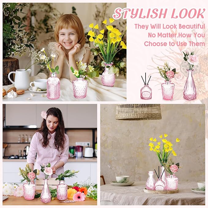 Inbagi 20 Pcs Glass Bud Vase Set - Pink Small Flower Vases Bulk, Vintage Embossed Decorative Bottles for Wedding Valentine Home Table Centerpieces Decor