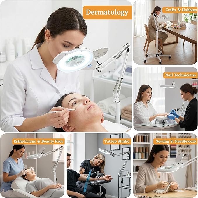 Professional Magnifying Lamp with UV Light, 5X Optical Glass Lens, Adjustable LED Brightness, 360° Swivel Wheels, Extendable Arm, Ideal for Detail Work by Tattoo Artists, Lash Extension Experts