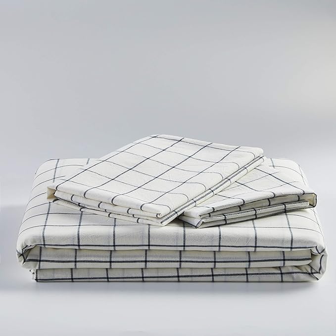 JELLYMONI Cotton Duvet Cover Queen Size - White Grid Plaid Comforter Cover with Button 100% Washed Cotton 3PCS Breathable Soft Bedding Set Duvet Cover 90×90in & 2 Pillowcases (NO Comforter)