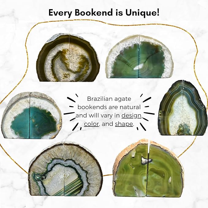 Nature's Decorations Green Agate Bookends – A+ Grade Geode Heavy Duty Decorative Stone Crystal for Shelves & Bookcases, Natural Polished Bookshelf Decor, 1 Pair 4-6Lbs