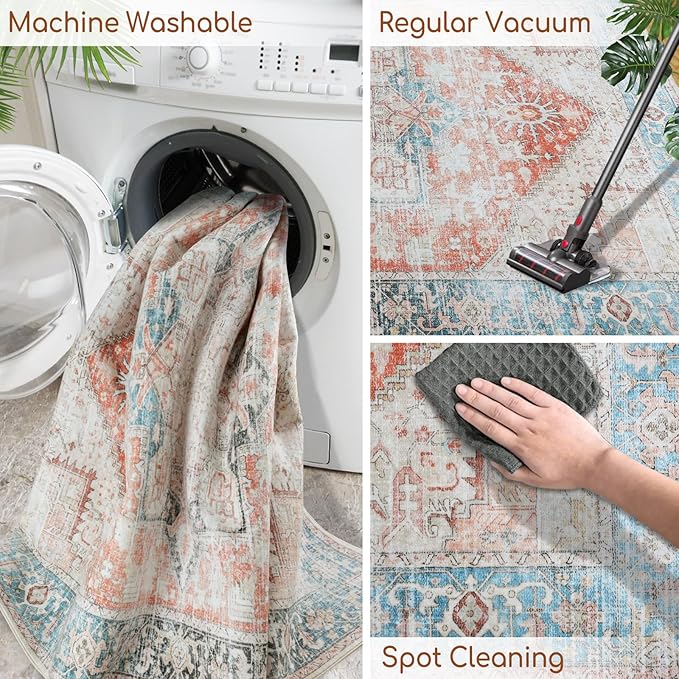 Fortsea Area Rugs 7X9 for Living Room, Machine Washable Non Slip Vintage Retro Rugs, Low Pile Lightweight Faux Wool Print Rug for Bedroom, Dining Room, Home Office (7X9 Terracotta/Sky)