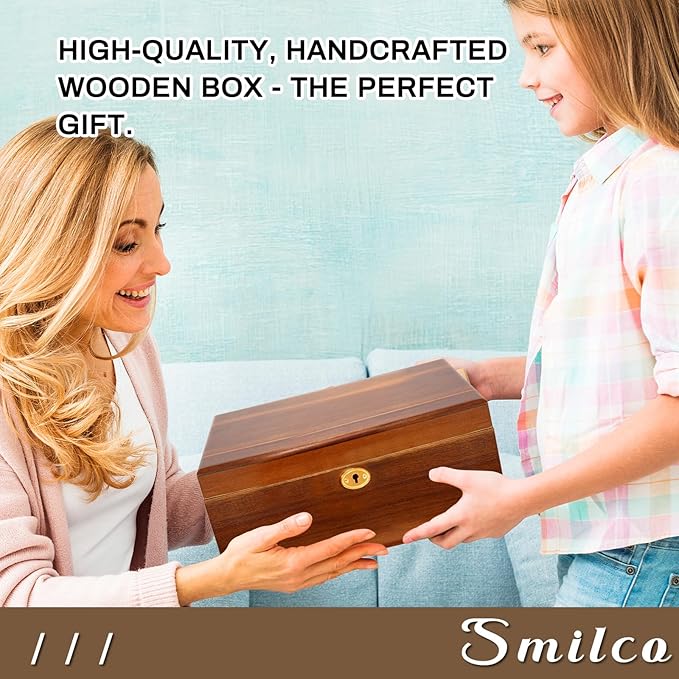 Smilco Wooden Storage Box with Hinged Lid Acacia Wood Hand-Crafted Wooden Box for Recipes Decorative Storage or as Keepsake