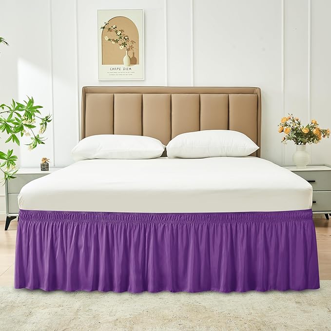 Biscaynebay Wrap Around Bed Skirts for King & Cal King Beds 15" Drop, Eggplant Adjustable Elastic Dust Ruffles Easy Fit Wrinkle & Fade Resistant Silky Luxurious Fabric Machine Washable
