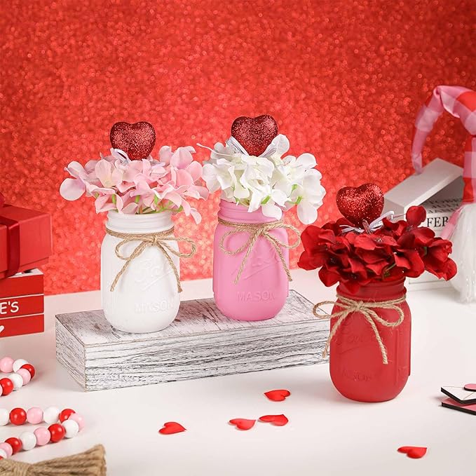 Valentines Anniversary Decor for Women, Red Decorative Mason Jars for Valentines Decorations and Wedding Table Decor, Valentines Gift for Women, Mothers Day Mason Jar