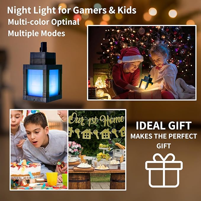 Pixel Lantern Night Light - 16 Colors Changing Hanging Lamp - USB Rechargeable LED Lights with Touch & Remote Control - Table & Wall Mount Mood Nightlight - Decor for Bedroom Gamer Room - Gift for Boy