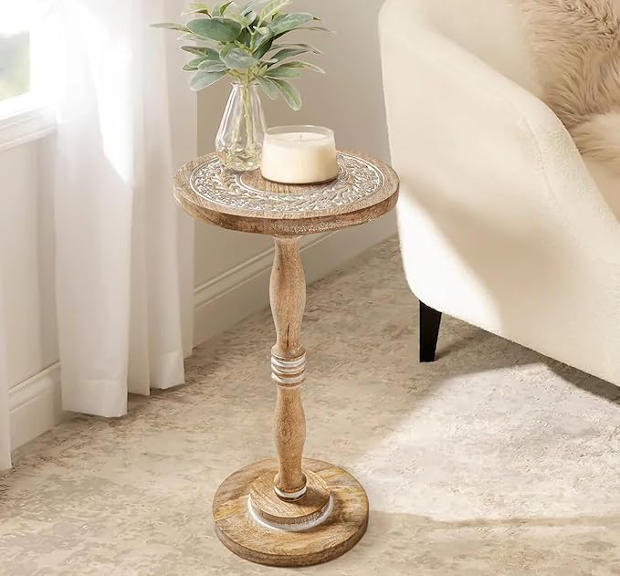 The Wooden Town Hand-Carved Solid Wood End Table - 12x22 White Wash Finish Accent Side Table for Living Room, Bedroom Nightstand, Small Pillar Table for Plants or Décor