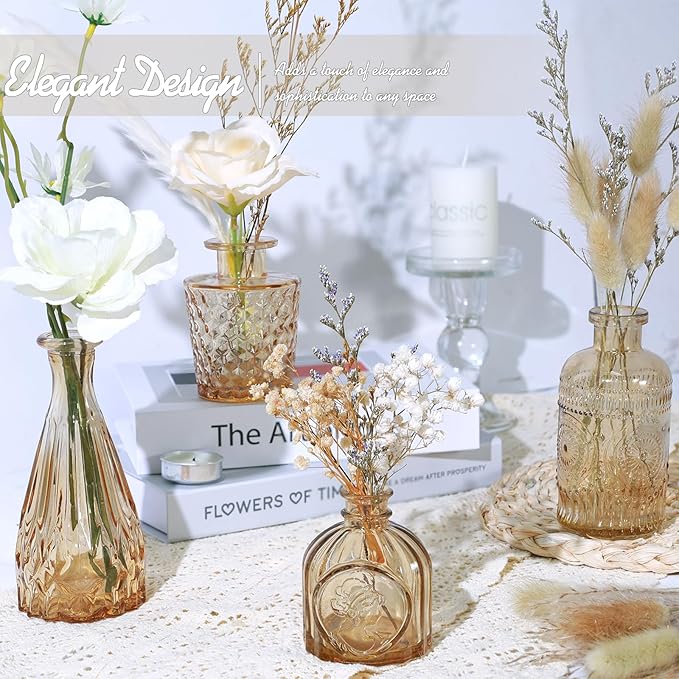 Glass Bud Vase Set of 5, Small Amber Flower Vases for Centerpieces in Bulk, Mini Vintage Vase for Wedding Decor, Single Flowers, and Home Table Décor