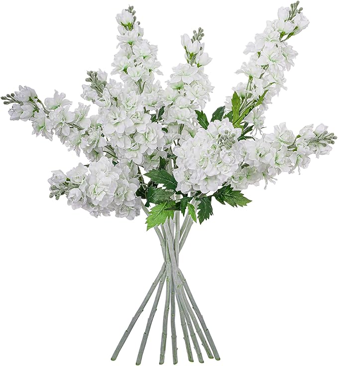 Fake Flowers 23.6” Delphinium Artificial Flowers 8Pcs Silk Flowers with Stems Long Stem Artificial Flowers for Tall Vase Faux Flowers for Indoor Home Decoration Wedding Decoration Centerpiece White