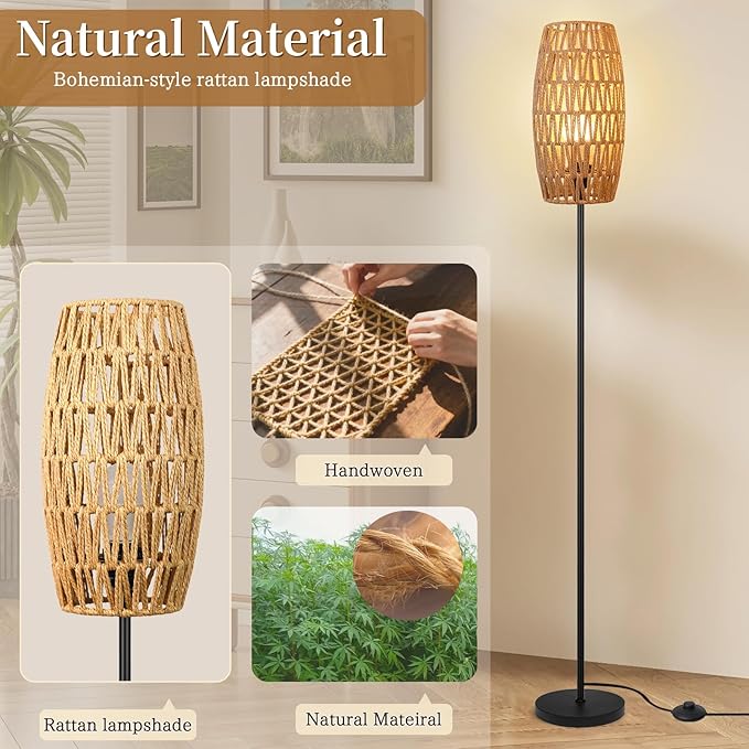 Floor Lamp for Living Room,Farmhouse Floor lamp,Modern Standing lamp with Hand-Worked Rattan Shade (Drum Shade-with Remote)