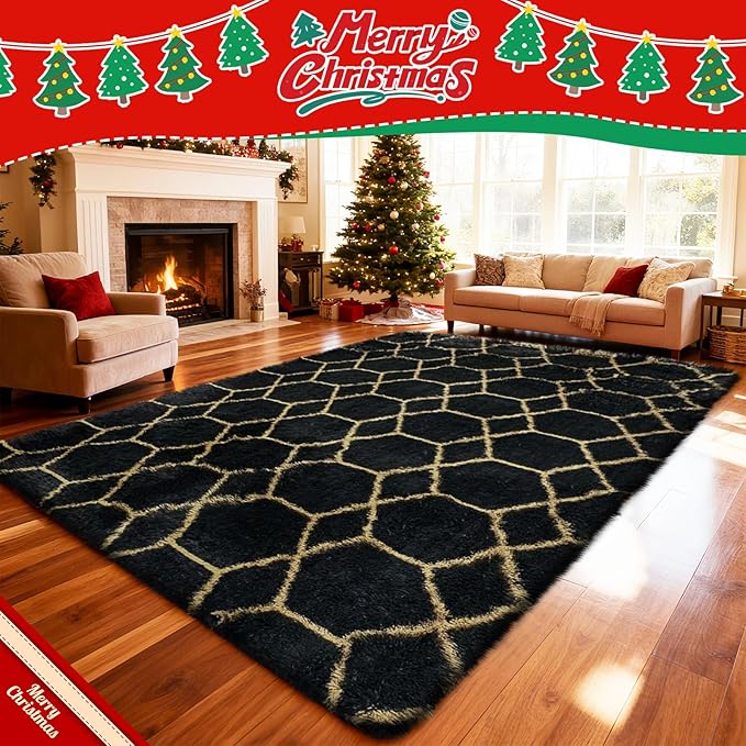 Shag Area Rug for Bedroom 5x8,Fluffy Area Rugs for Living Room,Geometric Soft Fuzzy Rug Non-Shedding Indoor Plush Carpet for Kids Bedroom Nursery Dorm Home Christmas,Black and Gold