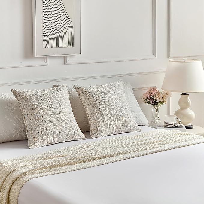 FUTEI Cream Decorative Throw Pillow Covers 16x16 Inch Set of 2,Soft Chenille Tweed Textured Cushion Case,Modern Home Decor for Couch Bed Living Room