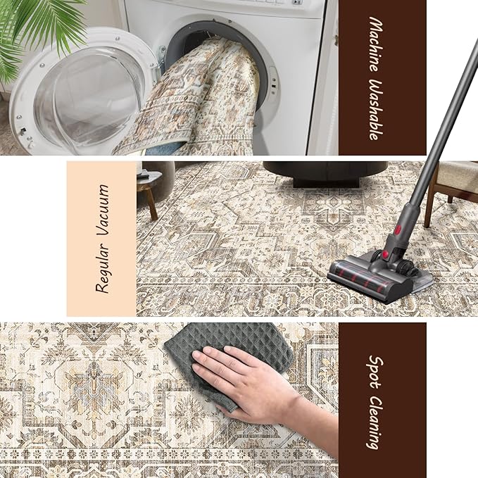 Fortsea Machine Washable Soft Area Rug 8x10 Rugs with Non Slip Backing for Living Room, Bedroom, Bathroom,Printed Vintage Home Decor, Floor Decoration Carpet Mat (Coffee Beige 8x10)…