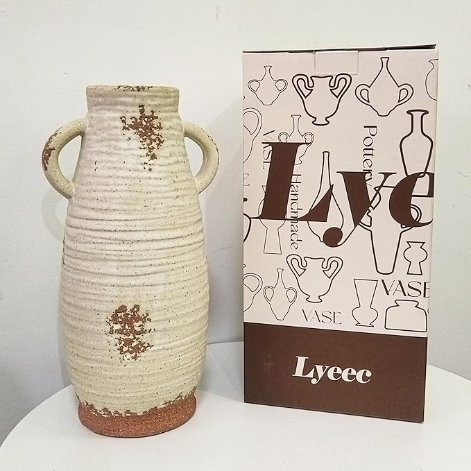 Ceramic Flower Vase with Handles, 12 inch Tall Vase for Centerpieces, Large Decorative Terracotta Vases, Farmhouse Rustic Vases for Home Decor, Living Room, Table, Neutral
