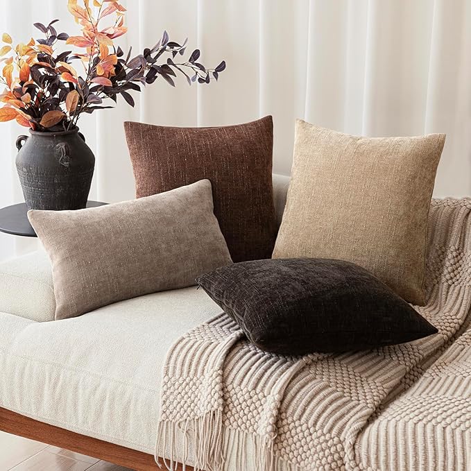 Foindtower Pack of 2 Soft Textured Chenille Throw Decorative Pillow Covers Square Accent Solid Cushion Cover Cozy Neutral Farmhouse Pillow Case for Couch Sofa Bedroom Living Room 22x22 Inch,Red Brown
