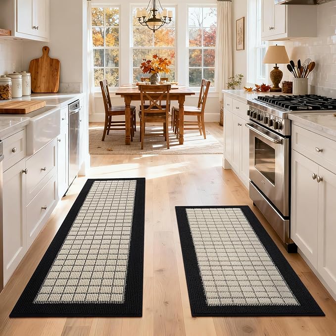 Kitchen Mats for Floor 17"x47", Non-Slip Washable Kitchen Rugs, Absorbent and Stain Resistant Kitchen Rug, Durable Comfortable Rugs for Kitchen, Hallway, Laundry & Sink, Black