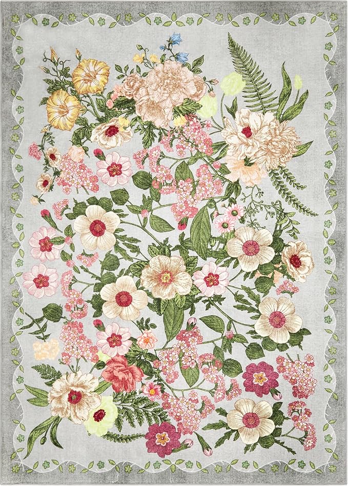 AREAMAY Floral Washable 5x7 Area Rugs - Living Room Rug Non Slip Low Pile Stain Resistant Carpets Indoor Vintage Flower Print Rug for Bedroom Dining Room Kitchen Home Office, Grey