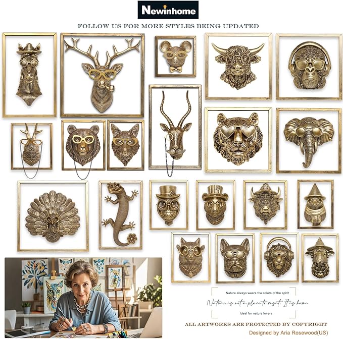 Animal Heads Wall Decor (Includes Metal Frame) Resin Animals Sculptures Head Wall Hanging Decoration Gold vintage Wall Sculpture for Living Room Bedroom Office(Bulldog)