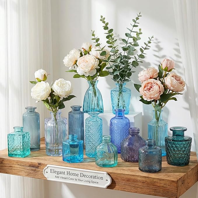 Set of 30 Blue Colored Glass Bud Vases - Small Textured Flower Vases for Centerpieces, Wedding Table Decor, Retro Home Decor Bulk Vase Set for DIY, Events & Gifts