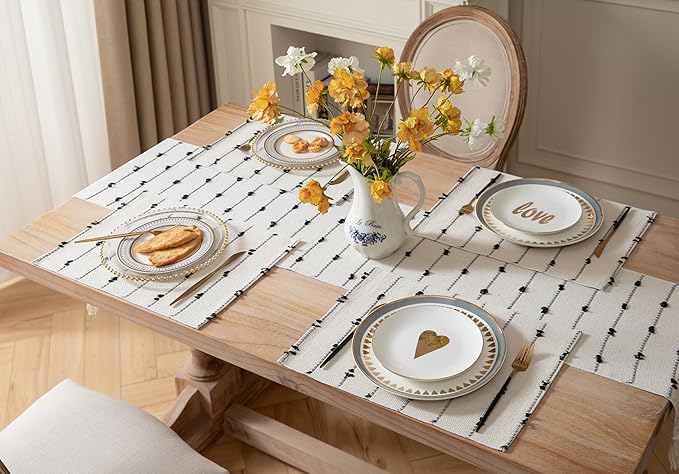 Boho Placemats Set of 4 for Dining Table Decor, Woven Cloth Place Mats for Farmhouse Rustic Kitche Home Decor, Cotton Placemats 13 x 19 Inch, Black and Beige Table mats