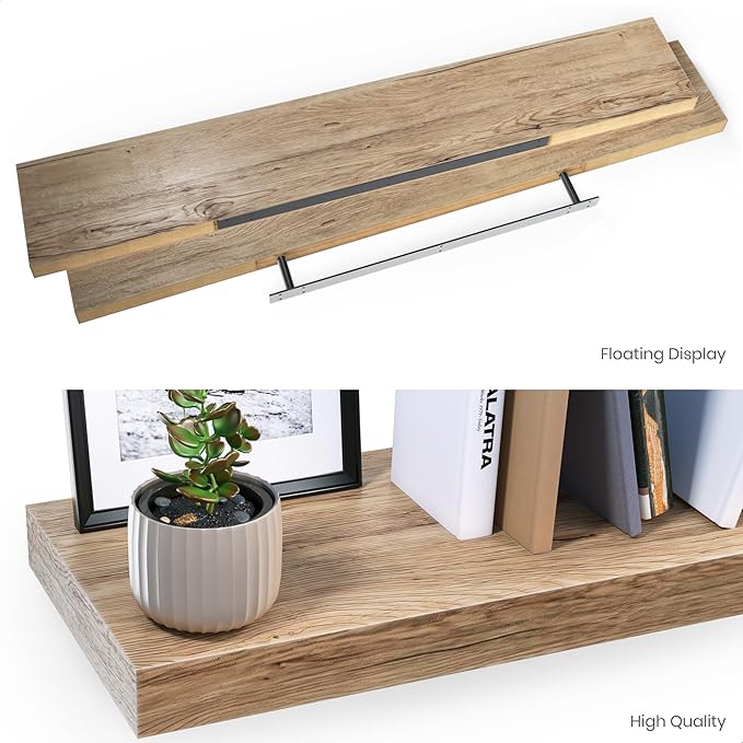 Ballucci Floating Shelves for Wall, 48" Wood Wall Shelf Set of 2, with Invisible Brackets for Bathroom, Living Room, Bedroom, Kitchen, Nursery, 8" Deep, Oak Finish
