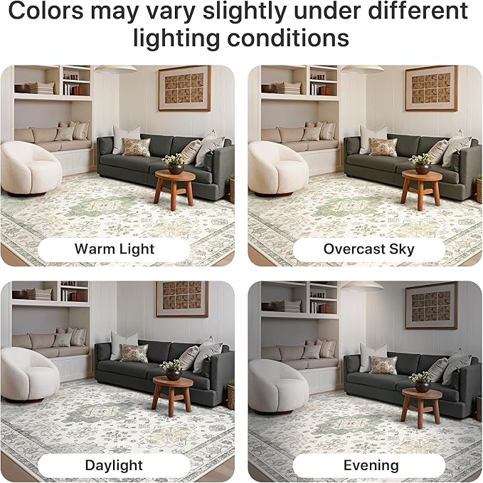 GENIMO 2'6''X6 Area Rugs for Living Room,Machine Washable Non-Slip Vintage Rug, Low Pile Lightweight Carpet for Bedroom, Dining Room, Home Office, Stain & Fade Resistant,Green
