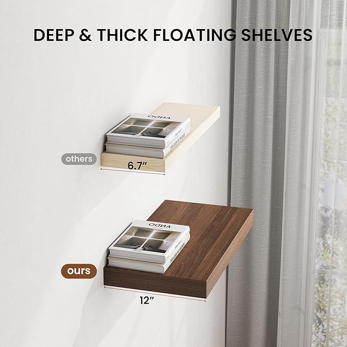 Dreamland 24" Floating Shelves for Wall, 12" Deep Thicker Walnut Floating Shelves, Wall-Mounted Shelves for Bedroom, Living Room, Kitchen, Bathroom - Set of 2