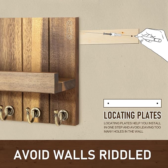 Rebee Vision Acacia Wood Key Holder Wall Mount – Farmhouse Key Holder for Wall & Mail Organizer with Shelf for Home Decor – Ideal for Apartment Essentials (Acacia Wood, 3.54" x 10" x 7.28")