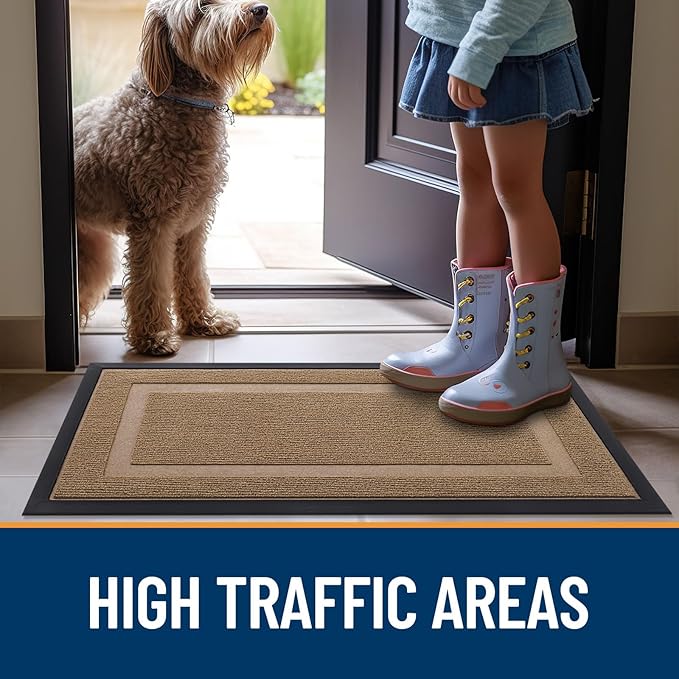 OLANLY Front Door Mat Indoor Outdoor Entrance, Waterproof All-Season, All-Weather Doormat, Sturdy Natural Rubber, Fade Resistant, Low Profile, Easy Clean Patio Porch Entryway Mat, 59x23, Light Borwn