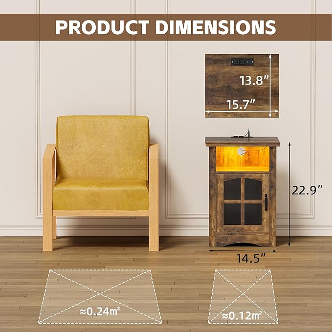 JUMMICO End Table with Charging Station and LED Open Shelf & Glass Door Cabinet, Farmhouse Nightstand with 20W Fast Charge, Side Table for Living Room (1,Brown)