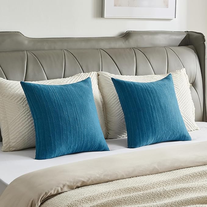 FUTEI Teal Chenille Decorative Throw Pillow Covers 24x24 Inch Set of 2,Soft Crushed Striped Texture European Cushion Case,Modern Home Decor for Couch Bed Living Room