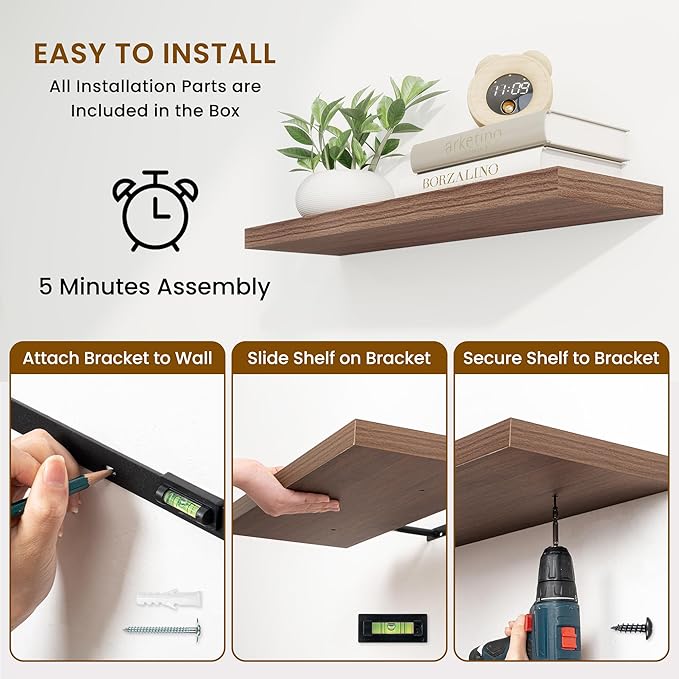 Fun Memories 36 Inch Floating Shelves, 9.3 Inch Deep Rustic Wall Shelves - Extra Deeper Wall Mounted Storage Shelves for Bathroom, Kitchen, Living Room (Walnut, Set of 2)