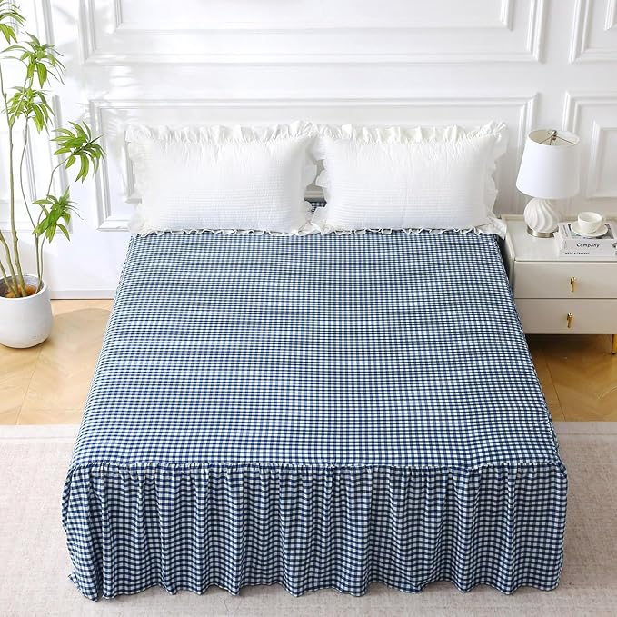 Silnuo Navy Blue/White Plaid Bed Skirt Washed Cotton Vintage Gingham Checkered Dust Ruffle Queen Size 14" Bedding(1 Bed Skirt Only)