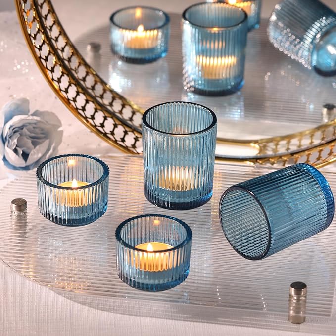 20pcs Ribbed Blue Votive Candle Holders, Assorted Tea Lights Candle Holder, Blue Glass Candle Holders for Table Centerpiece, Wedding Table Settings and Party Decorations