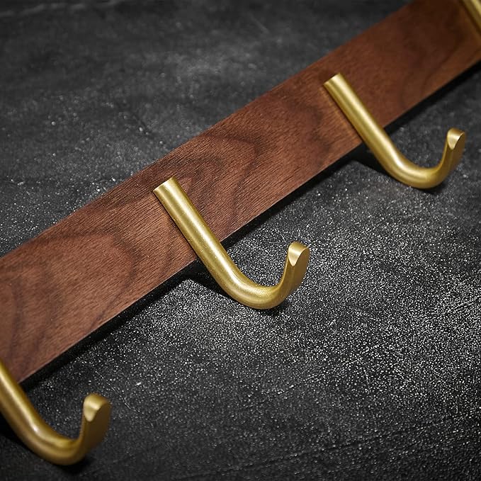 Wall Mounted Coat Rack, Entryway Hanging Rack with Rustic Hooks for Coat, Scarf, Bag, Towel, Key, Cap, Hat - Walnut Gold Matt (5 Hooks - J Shape)