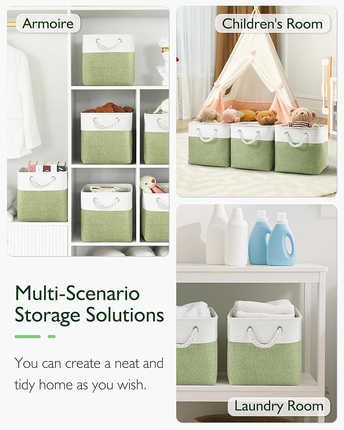 13x13x13 Storage Cube Bins,Set of 4, Large Foldable Fabric Storage Cubes with Handles for Organizing Home, Closet, Shelf, Office(White&Green)