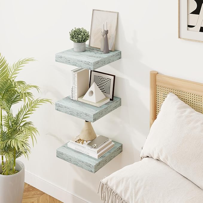 Marsmiles Square Floating Shelves for Wall, 8" W x 8" D x 1.25" H, 3 Pack Small Wall Mounted Engineered Wood Shelves with Invisible Brackets for Living Room, Bedroom, Bathroom, Kitchen Decor, Blue