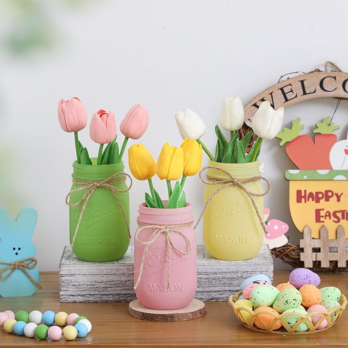 Spring Decorations, Spring Mason Jar Centerpiece for Table with Wood Tray & Artificial Tulips, Tulip Decorative Jars for Farmhouse Home decor, Easter Table Decor, Easter Decorations for Home Office