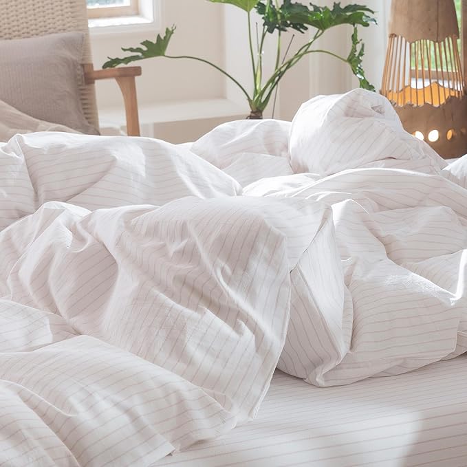 MooMee Striped Duvet Cover Set 100% Washed Cotton Linen Like Textured Breathable Durable Soft Comfy (White Heathered Greyish Pink Wide Stripes, Oversized Full 82"x86")