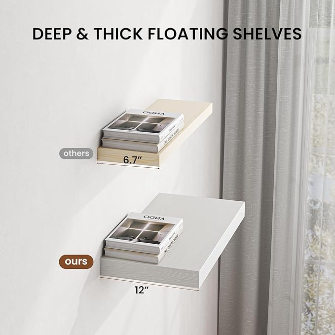 Dreamland 36" Floating Shelves for Wall, 12" Deep Thicker White Floating Shelves, Wall-Mounted Shelves for Bedroom, Living Room, Kitchen, Bathroom - Set of 2