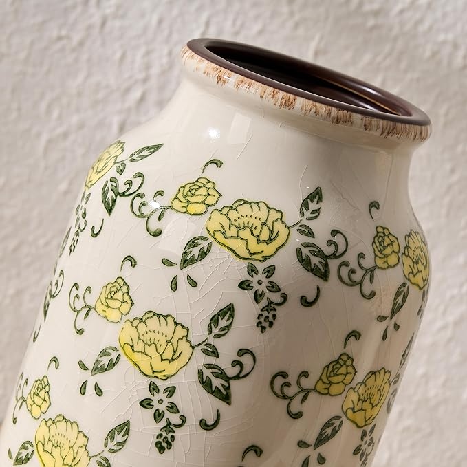 SIDUCAL Ceramic Vintage Pastoral Vase, 8.78 Inch Chinoiserie Floral Vase, Retro Ice Cracked Rustic Farmhouse Vases for Home Decor, Living Room, Bookshelf, Office, Tuscan Decor, Yellow Rose Pattern