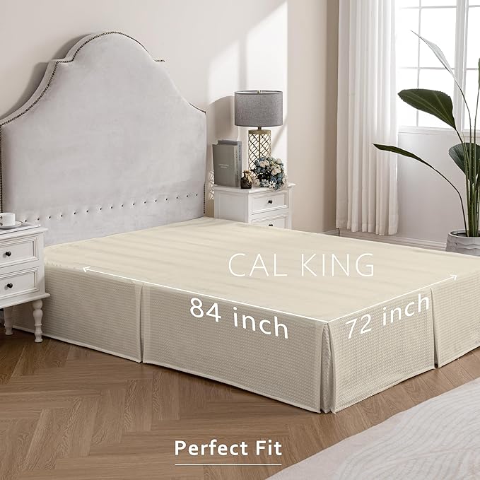 MIYE Pleated Waffle Weave Bed Skirt, Tailored Dust Ruffle 12 Inch Drop Easy Fit, Machine Washable,No Split Corners(Light Beige, Cal King - 12" Drop)