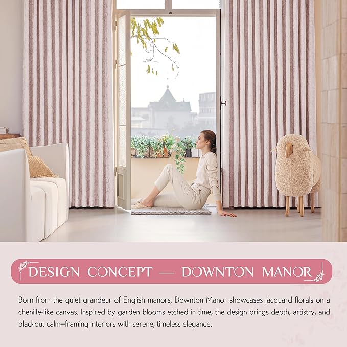 Beauoop Pink Floral Jacquard Blackout Curtains 63 Inches Long 2 Panels for Bedroom Living Room Chenille Flower Room Darkening Thermal Insulated Soundproof Grommet Window Treatments Drapes, 52x63