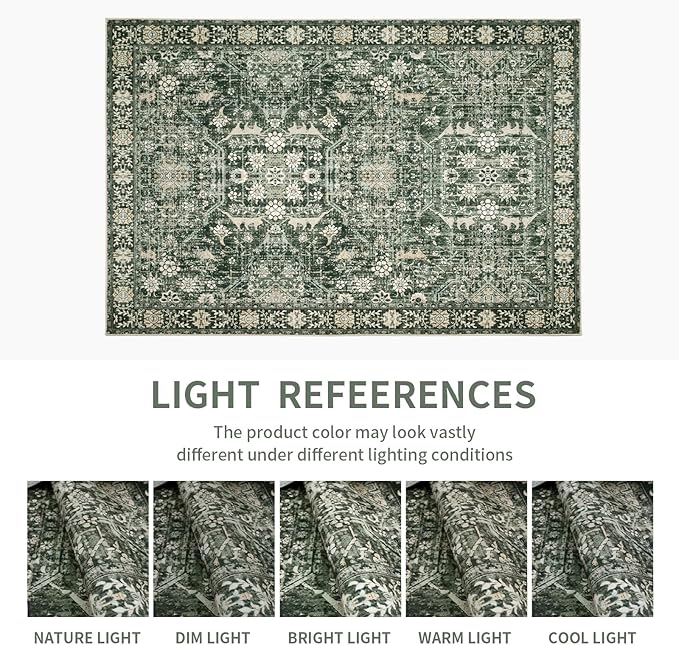 Dotiiorug Area Rug 5×7 Washable Rugs for Bedroom, Vintage Floral Rug Soft Non Slip Stain Resistant Carpet for Living Room Dinning Room Kitchen Home Office Green Black