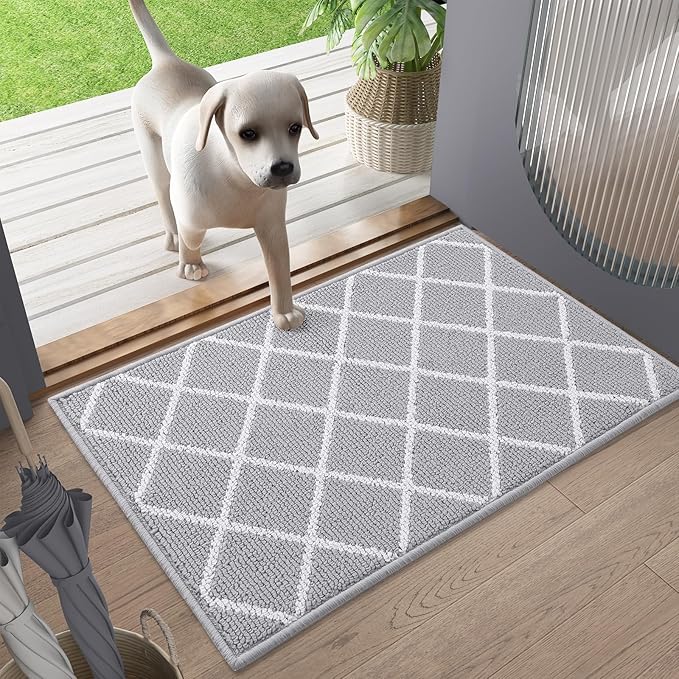 Finchitty Indoor Door Mat, Dirt Resistant and Absorbent, Low-Profile, Non-Slip, Washable Inside Floor Mats for Front Door, Back, and Entrance, 32" x 20", Light Grey