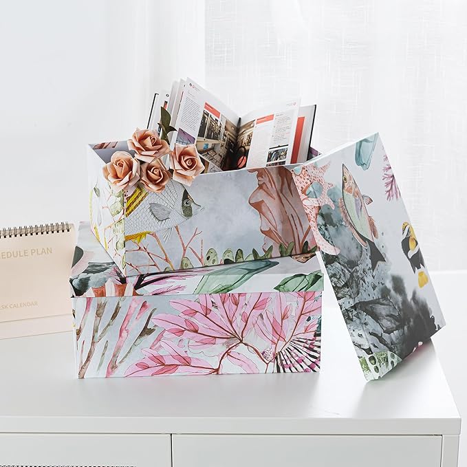 Soul & Lane Ocean Treasures Modern Home Décor Keepsake Boxes - Set of 3: Beach-Themed Photo Storage with Lids, Decorative Cardboard Nesting Gift Containers, Paper Mache Rectangle Boxes
