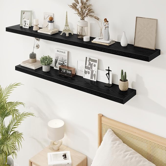 55in Floating Shelves for Wall, 55"W x 9.25"D x 1.5"H, Long Wall Mounted Engineered Wood Shelves with Invisible Brackets for Living Room, Bedroom, Bathroom, Kitchen Decor and Storage, Black