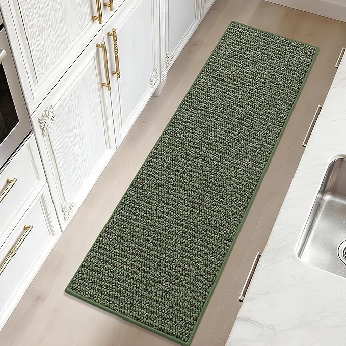 JSEI Kitchen Rugs and Mats, 2PCS Non-Slip Kitchen Mats for Floor, Machine Washable Absorbent and Stain Resistant Kitchen Runner, Carpet Mats with TPR Backing, 17''x30''+17''x48'', Green