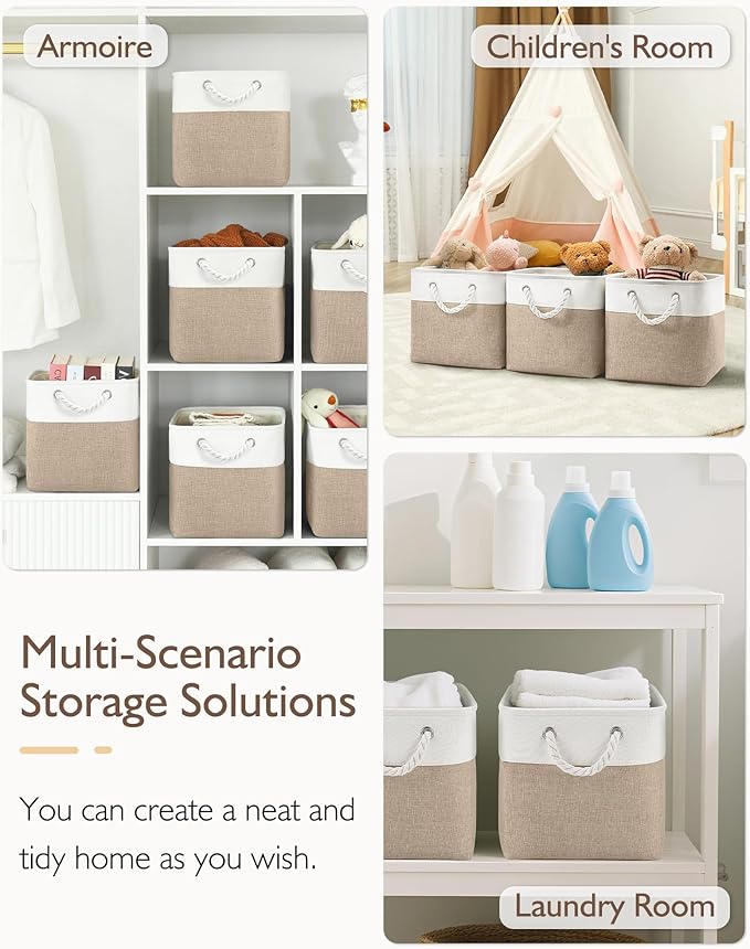 11 Inch Storage Cubes 4-Pack, Foldable Fabric Organizer Bins with Rope Handles, Cube Storage Baskets for Closet Shelves and Home Organization(White/Khaki)