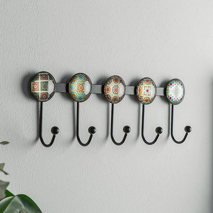 Boho Coat Rack Wall Mounted with 5 Hooks, Forest Theme Mandala Pattern Decorative Wall Hooks for Hanging Hat, Key, Towel, Purse, Bag, and Robe - for Entryway, Bathroom, and Kitche