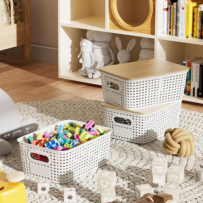 Plastic Storage Bins with Bamboo Lid - Stackable Pantry Storage Organizer with Lid - Storage Basket with Lable for Organizing: Small Storage Box for Shelves Cabinet Office Drawer Desktop 10x7x4in 6Pcs